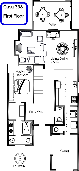 The first floor of Casa 338. The rooms laid out are the garage, the laundry room, 2 half baths, a full bath joined to the master bedroom, a kitchen, the living and dining room, and the downstairs enclosed patio. (12.4K)