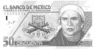 A Mexican 50 Peso note, with a picture of Jos&eacute; Mar&iacute;a Morelos, on it. 