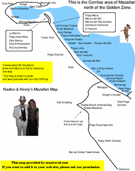 A large map of the Cerritos in Mazatlán, featuring all of the beachfront hotels, many restaurants, and other places you might be interested in. (8K) 