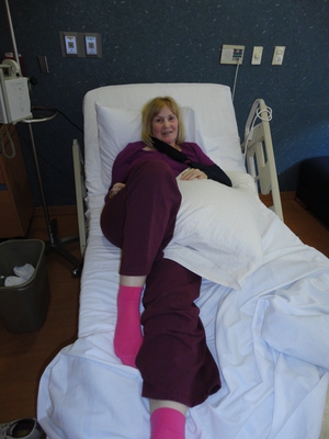 Nadine in her hospital bed, recovering from shoulder surgery