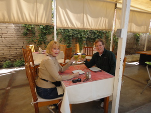 Nadine and Henry at Nanette's garden restaraunt, drinking the delicious green slime